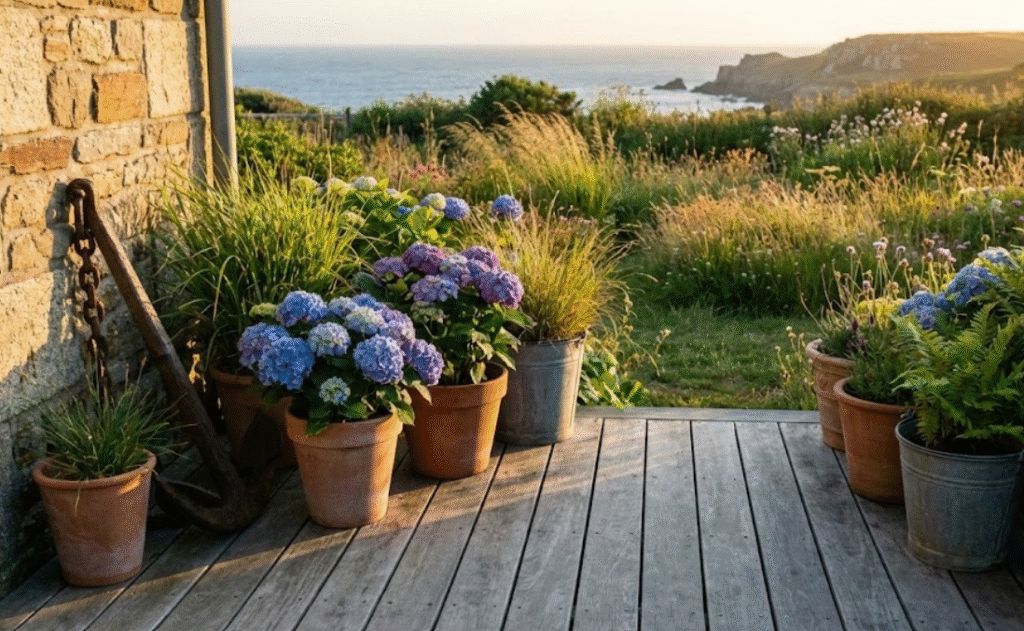 Un-coin-detente-dans-un-jardin-breton-avec-une-terrasse-en-bois-gris-patine-quelques-pots-en-terre-cuite-et-zinc-contenant-des-plantes-locales