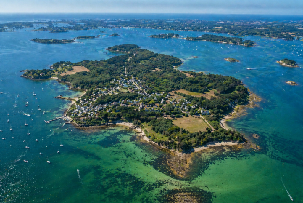 vue aérienne de l’île d’Arz entourée par le Golfe du Morbihan