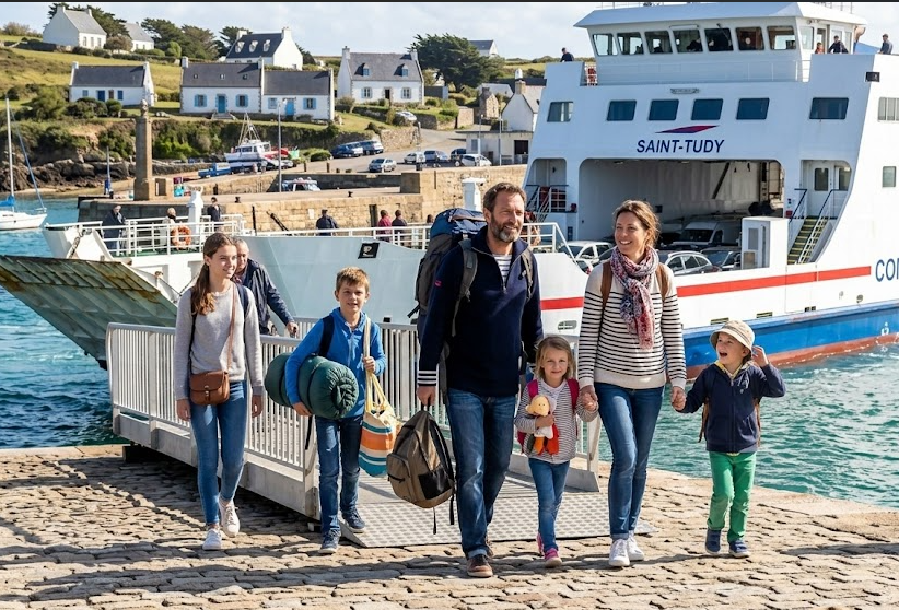Famille nombreuse debarquant sur l'ile d'houat